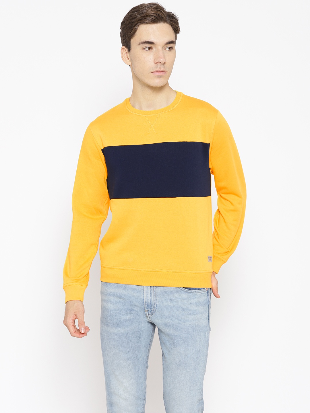 

Flying Machine Men Yellow & Navy Blue Colourblocked Sweatshirt