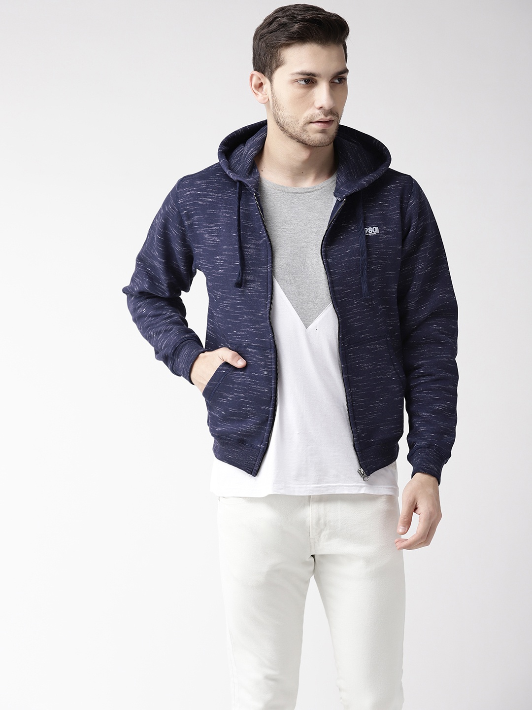 

Flying Machine Men Navy Blue Self Design Hooded Sweatshirt