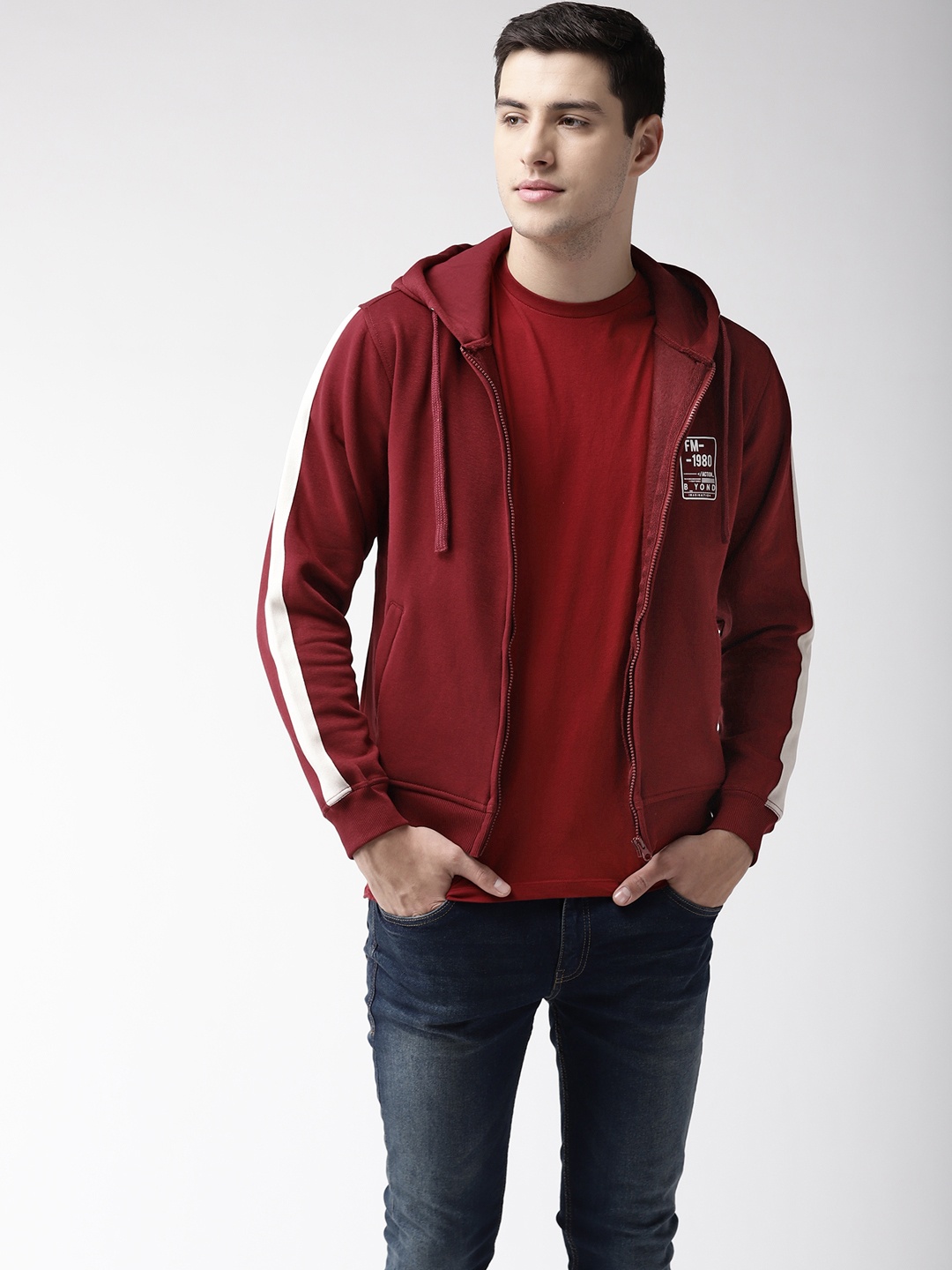

Flying Machine Men Maroon Solid Hooded Sweatshirt