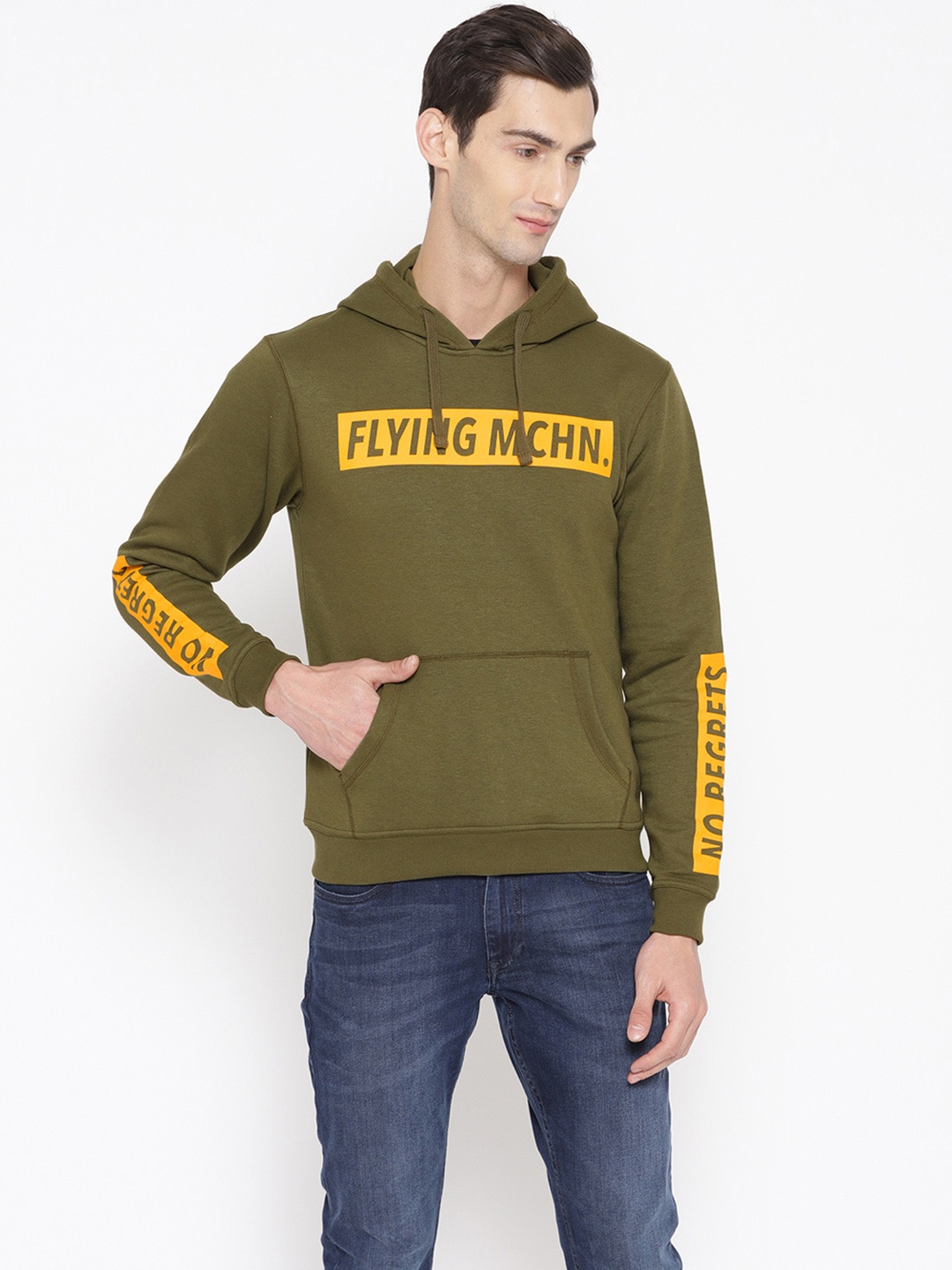 

Flying Machine Men Olive Green & Yellow Printed Hooded Sweatshirt