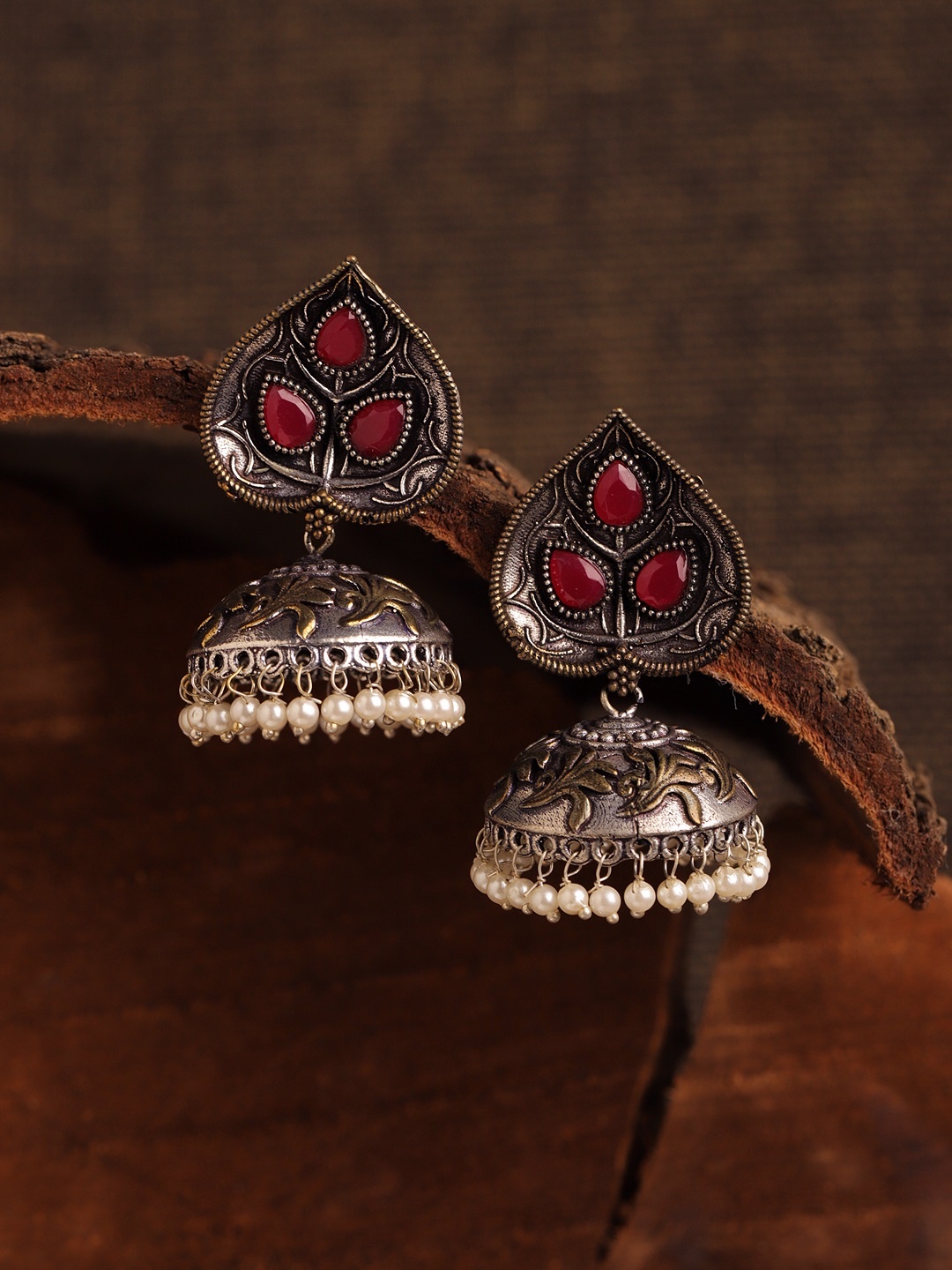 

Fabstreet Oxidised Silver-Plated & Magenta Handcrafted Embellished Dome Shaped Jhumkas