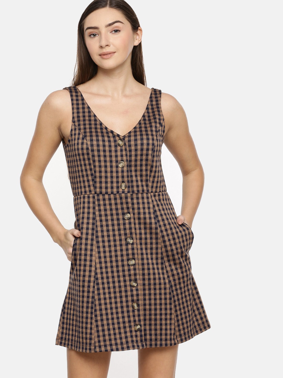 

AMERICAN EAGLE OUTFITTERS Women Checked Brown & Black A-Line Dress