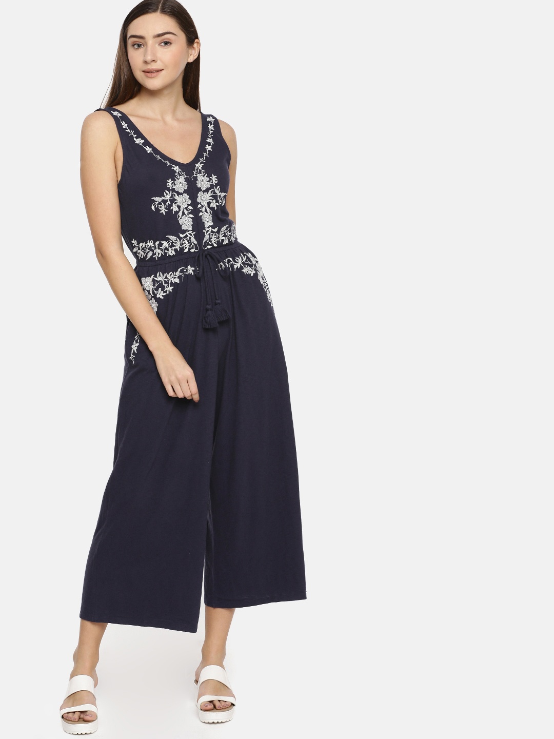 

AMERICAN EAGLE OUTFITTERS Women Navy Blue Embroidered Culotte Jumpsuit