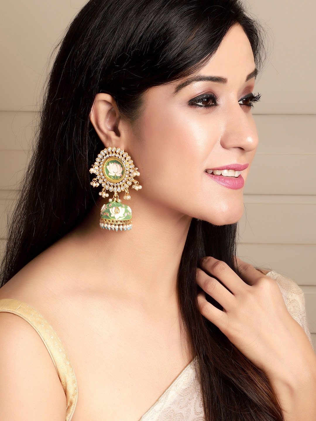 

Rubans Women Gold-Plated Green Hand Painted Leaf Shaped Jhumkas