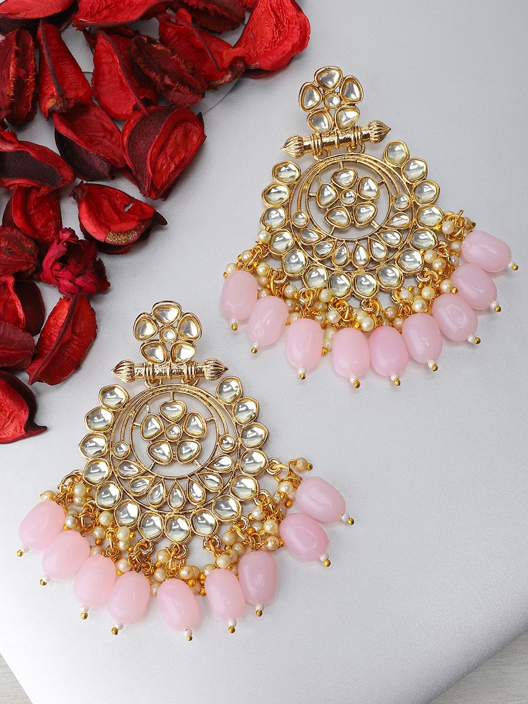 

Rubans 22K Gold Plated Kundan Studded Pink Beads & Pearl Beaded Handcrafted Chandbalis