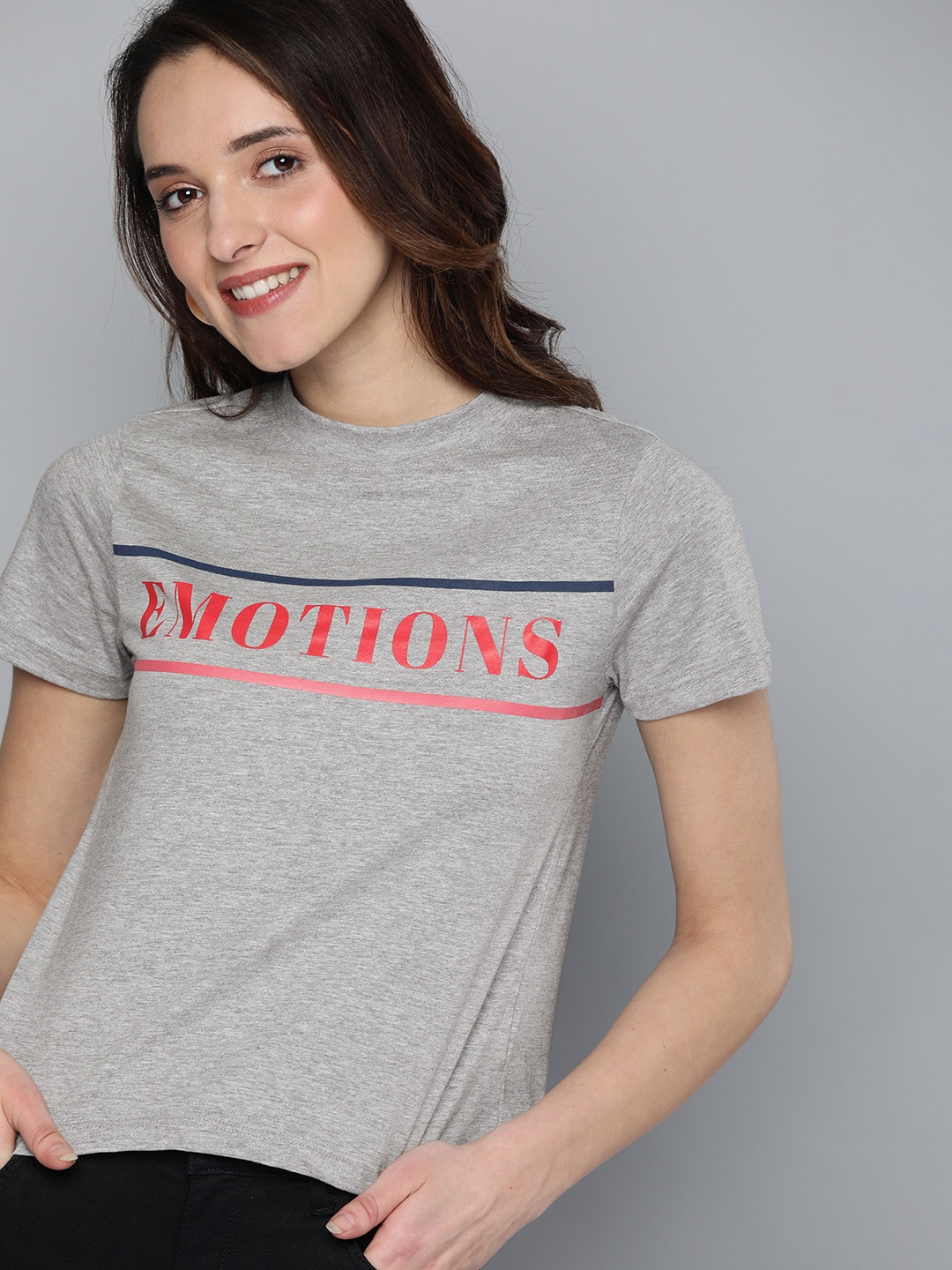

Mast & Harbour Women Grey Melange Printed Round Neck T-shirt
