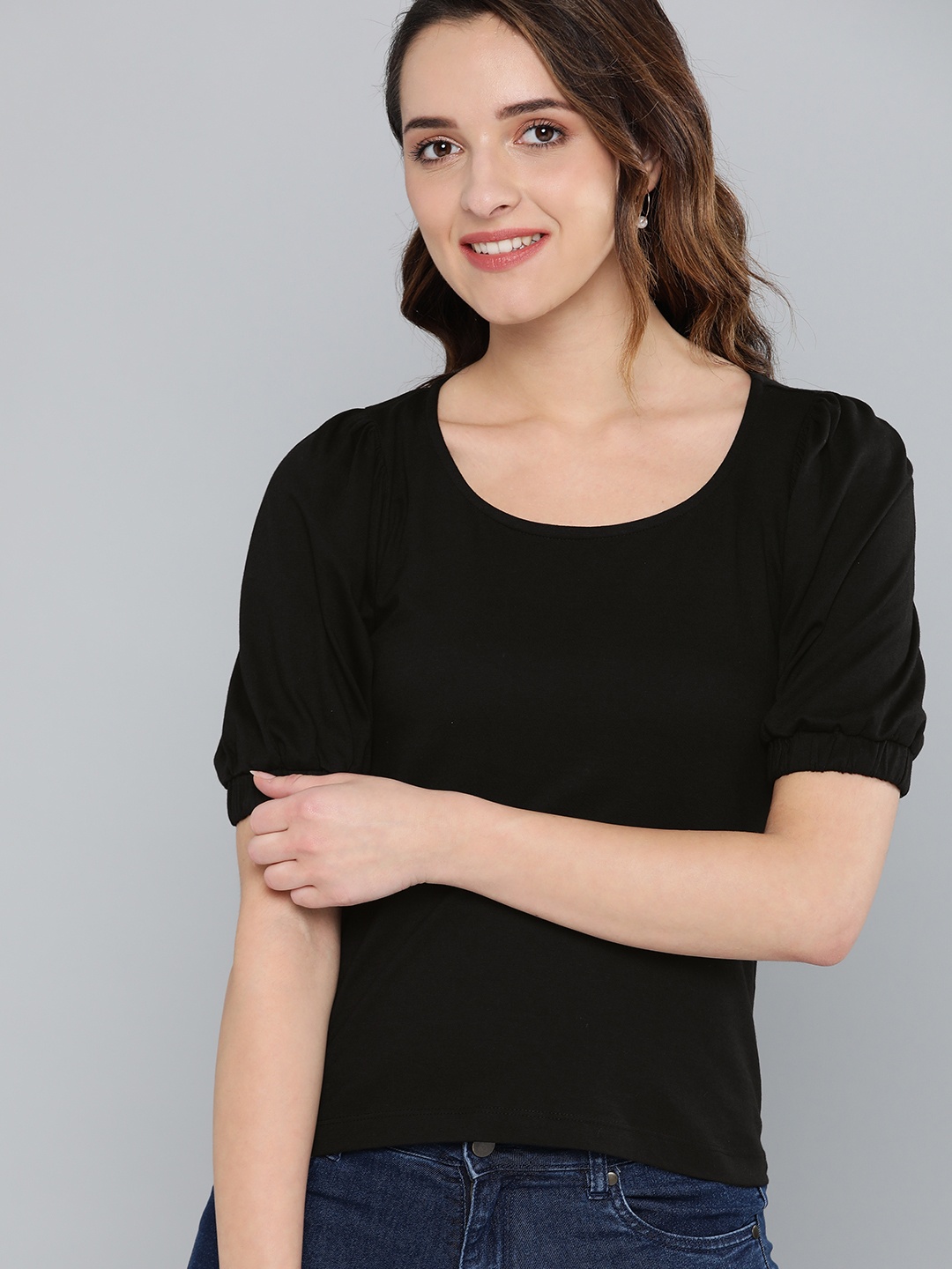 

Mast & Harbour Women Black Solid Top With Puffed Sleeves