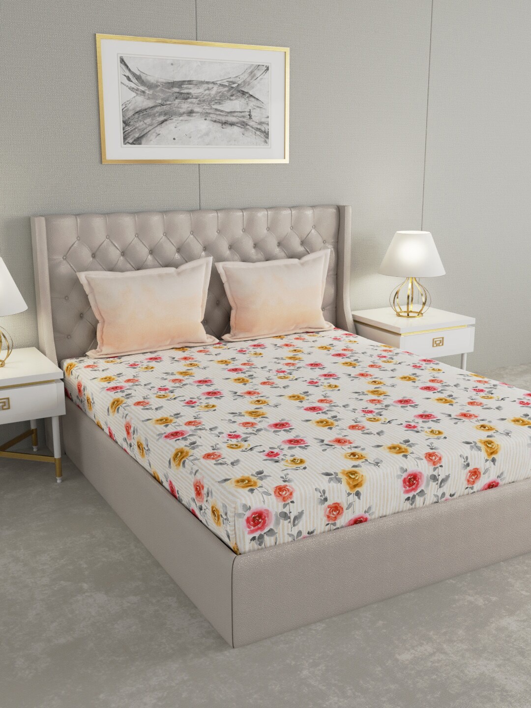 

GM White & Orange Floral 144 TC Cotton 1 Super Queen Bedsheet with 2 Pillow Covers