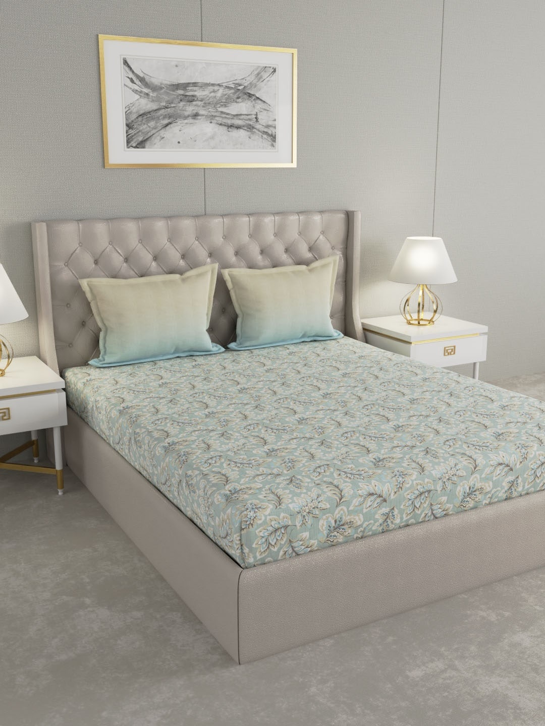 

GM Green & Grey Floral 144 TC Cotton Super Queen Bedsheet with 2 Pillow Covers