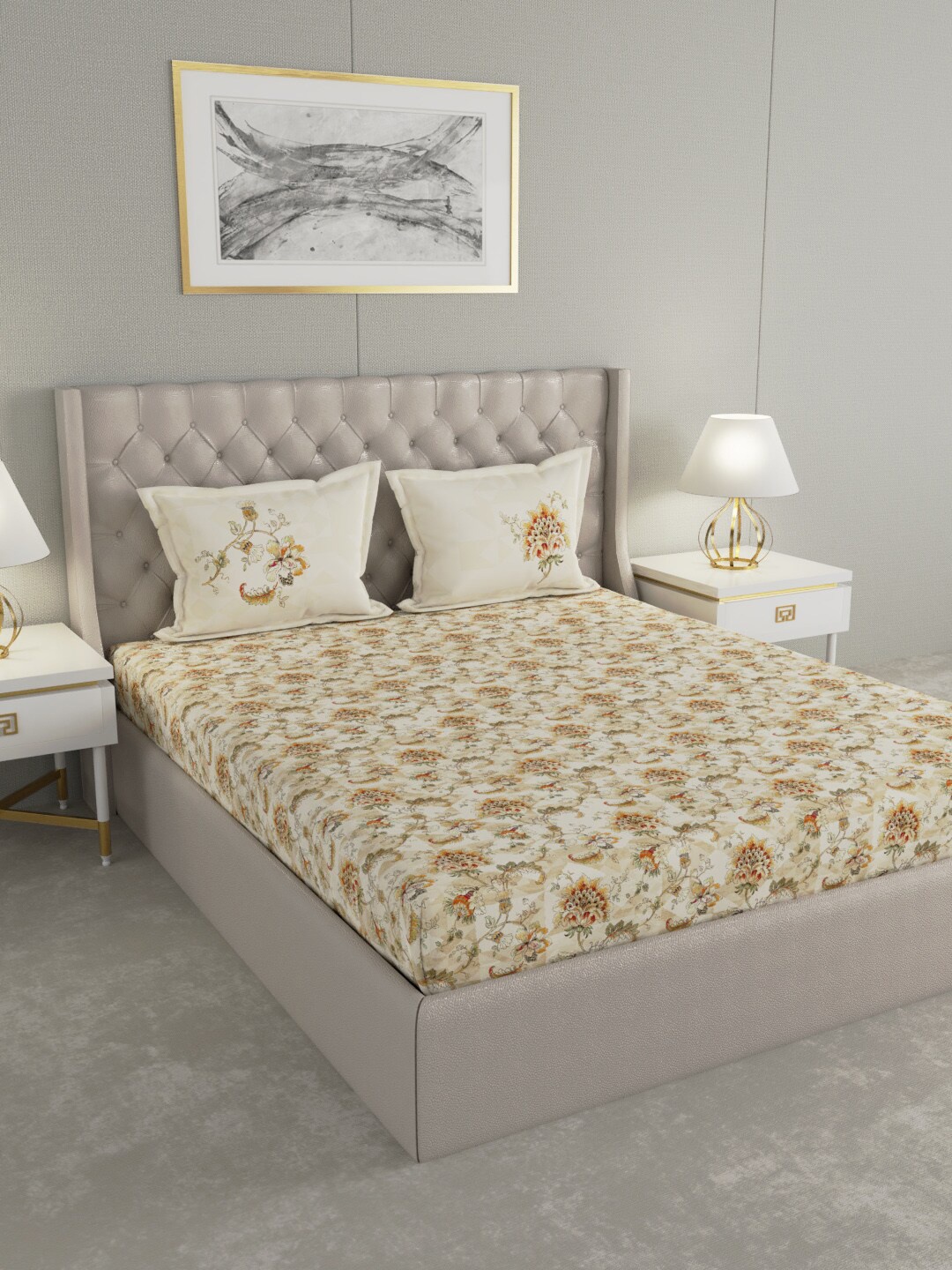 

GM Yellow & Beige Floral 144 TC Cotton 1 Super Queen Bedsheet with 2 Pillow Covers