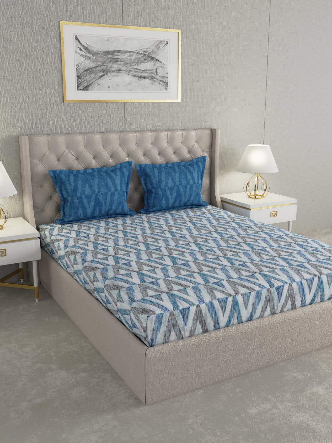 

GM Blue & Black Geometric 144 TC Cotton 1 King Bedsheet with 2 Pillow Covers