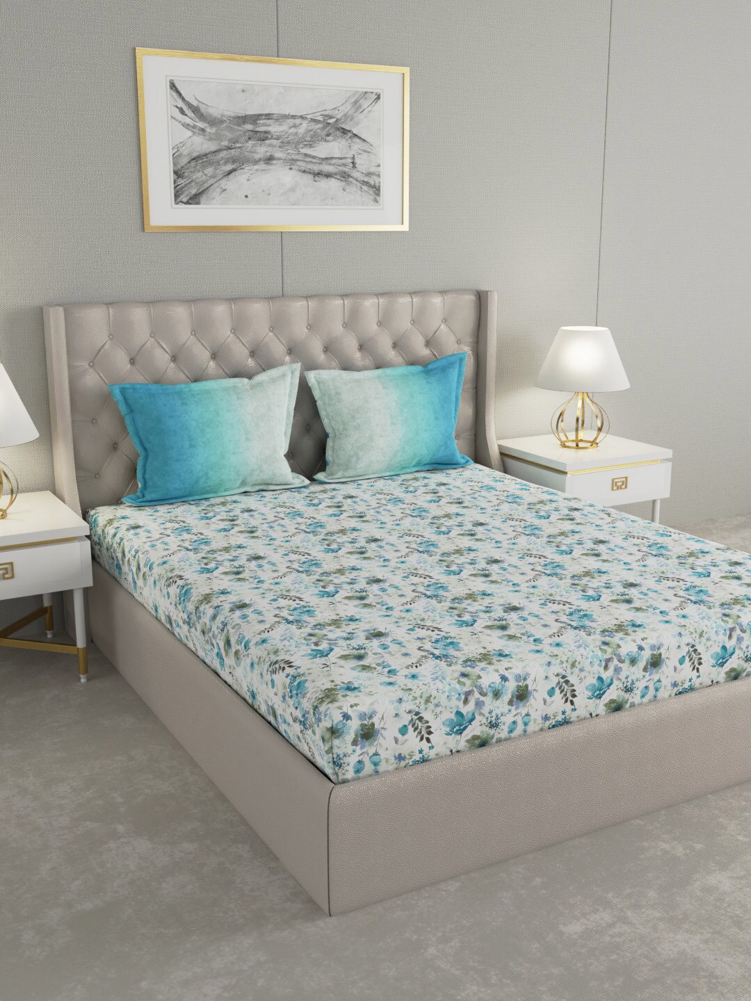

GM Blue & Off-White Floral 144 TC Cotton 1 Super Queen Bedsheet with 2 Pillow Covers