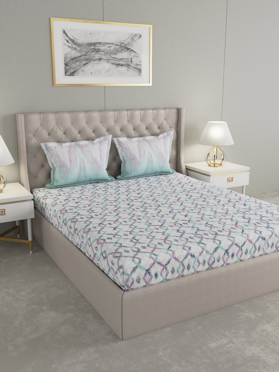 

GM Grey Blue Geometric 144 TC Cotton Double Super Queen Bedsheet with 2 Pillow Covers