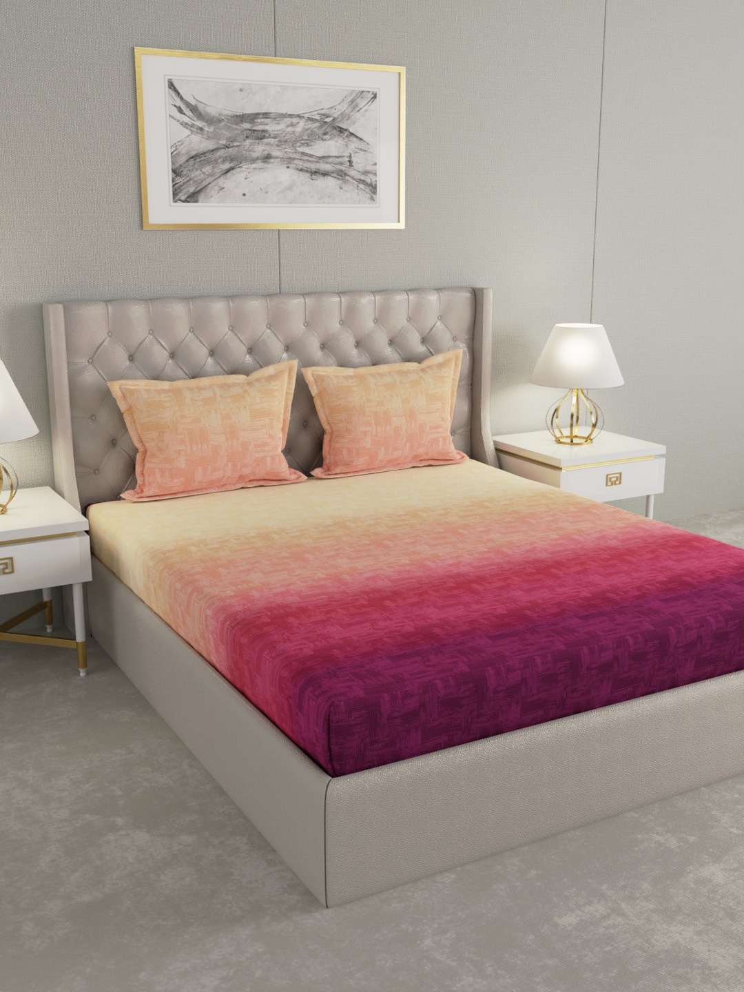 

GM Beige & Purple Abstract 144 TC Cotton Super Queen Bedsheet with 2 Pillow Covers