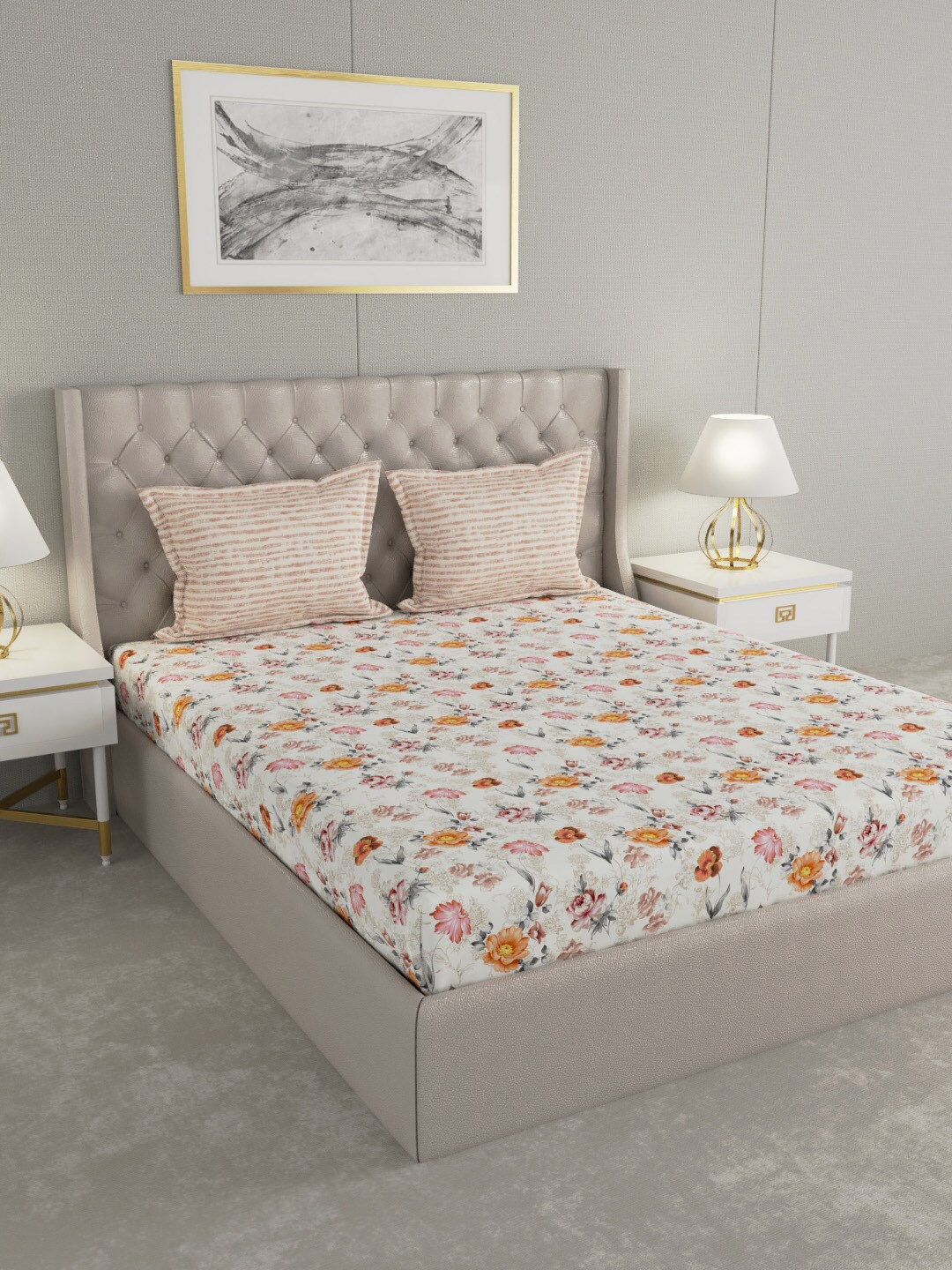 

GM Grey & Orange Floral 144 TC Cotton 1 Super Queen Bedsheet with 2 Pillow Covers