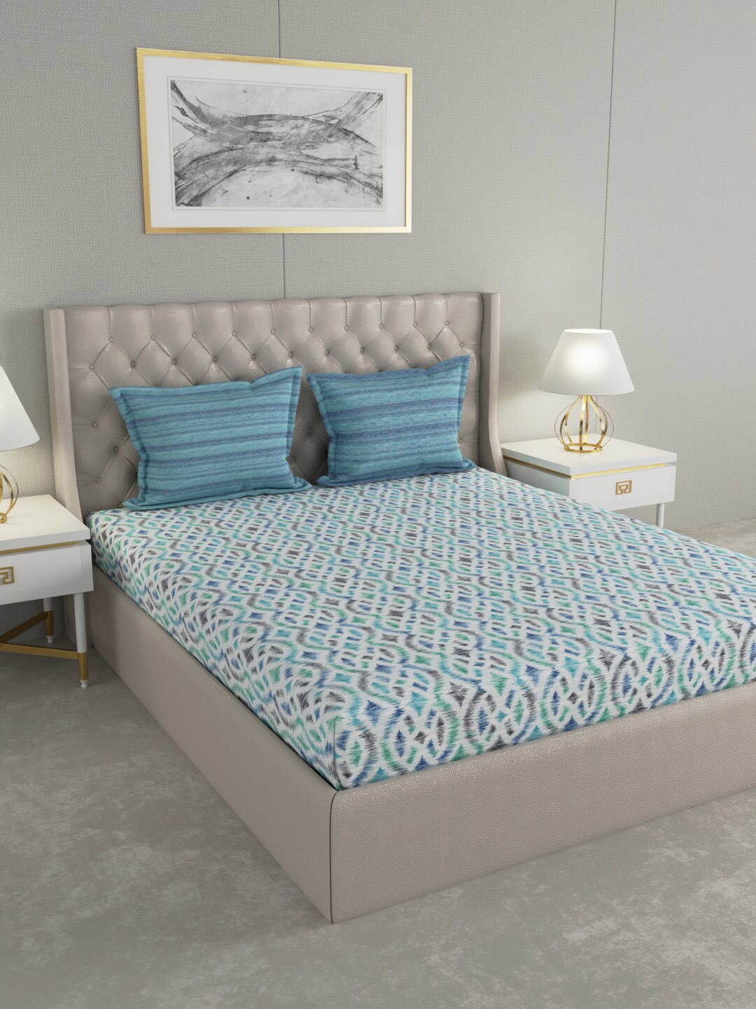 

GM Blue Geometric 144 TC Cotton 1 Super Queen Bedsheet with 2 Pillow Covers
