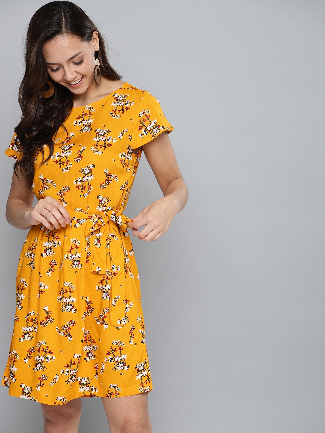 

Mast & Harbour Women Floral Printed Mustard Yellow A-Line Dress