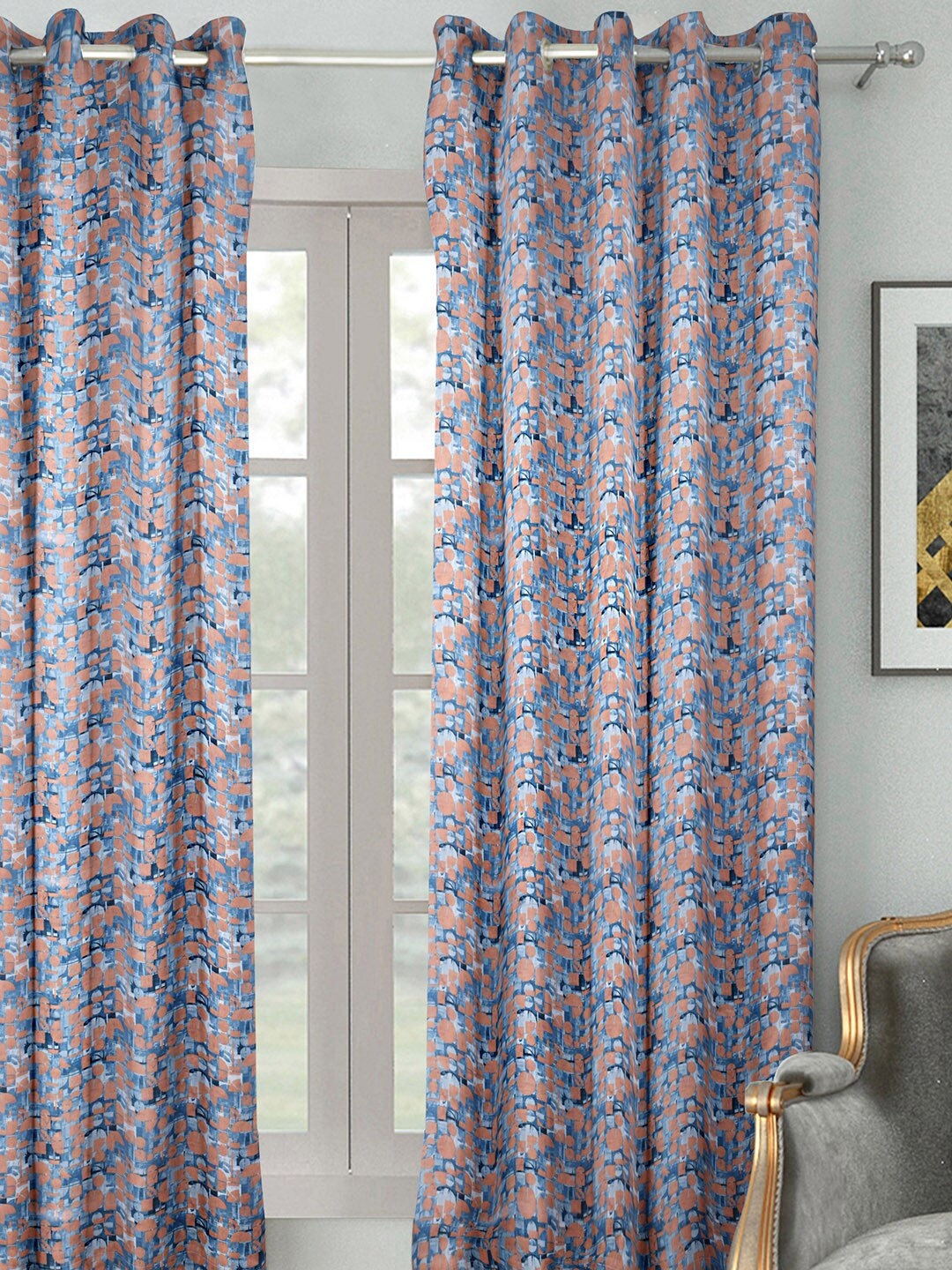 

HOUZZCODE Blue & Brown Single Room Darkening Window Curtain