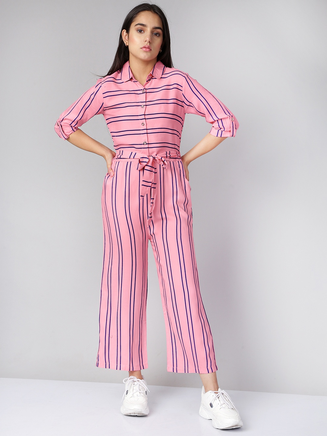 

Naughty Ninos Girls Pink & Navy Blue Striped Basic Jumpsuit