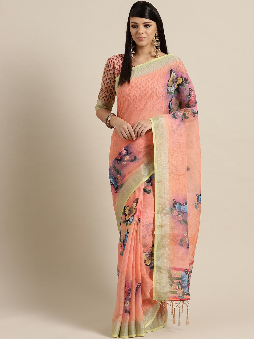 

Saree mall Peach-Coloured & Blue Printed Saree