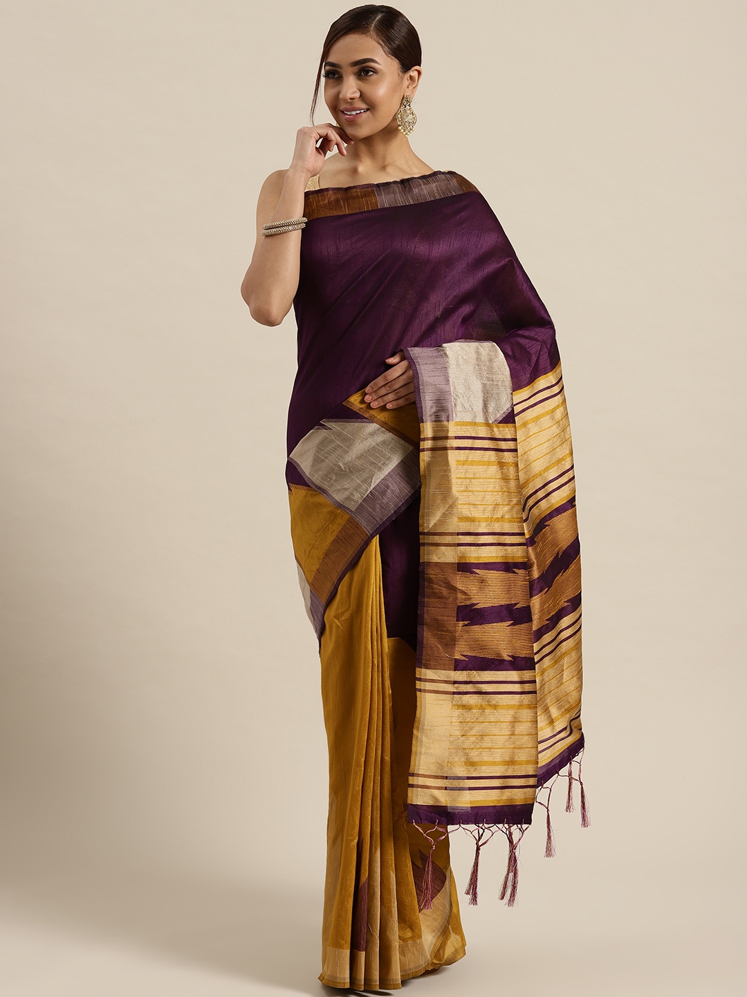 

Saree mall Purple & Mustard Yellow Woven Design Half & Half Saree