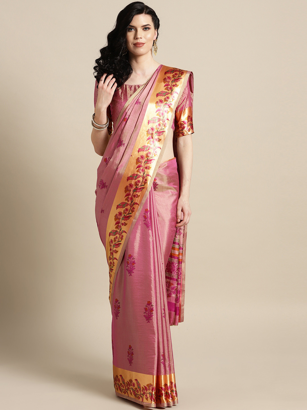 

Saree mall Pink & Golden Dual-Toned Printed Saree