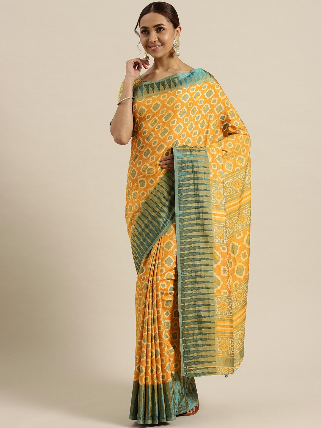 

Saree mall Mustard Yellow & Green Printed Saree