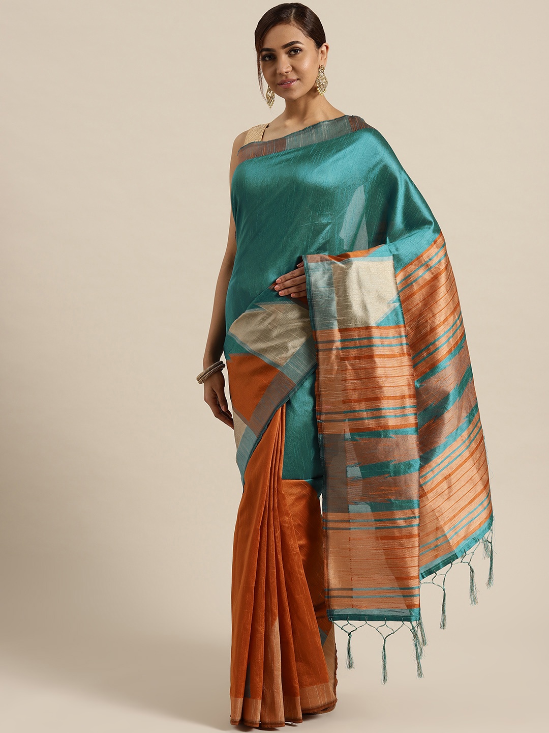 

Saree mall Blue & Orange Woven Design Half & Half Saree