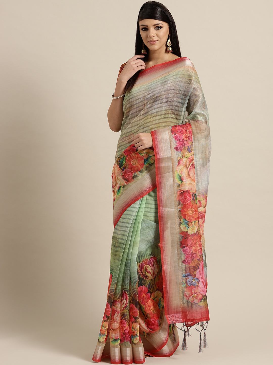 

Saree mall Green & Coral Red Striped Saree