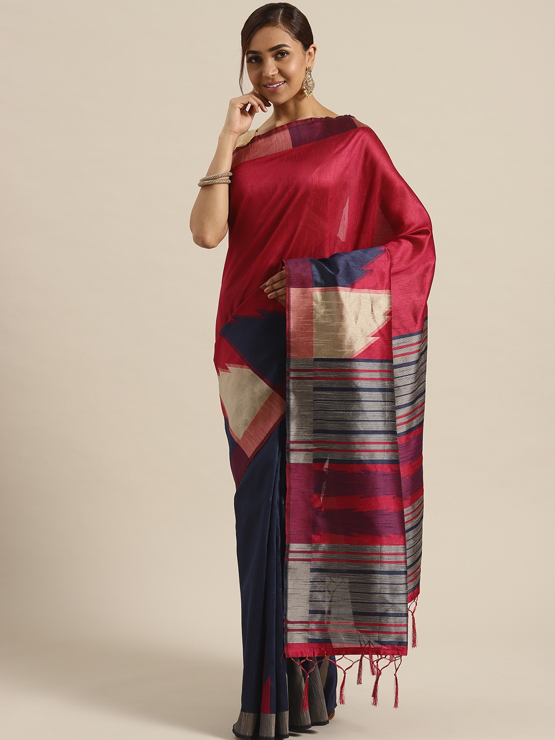 

Saree mall Pink & Navy Blue Woven Design Half & Half Saree