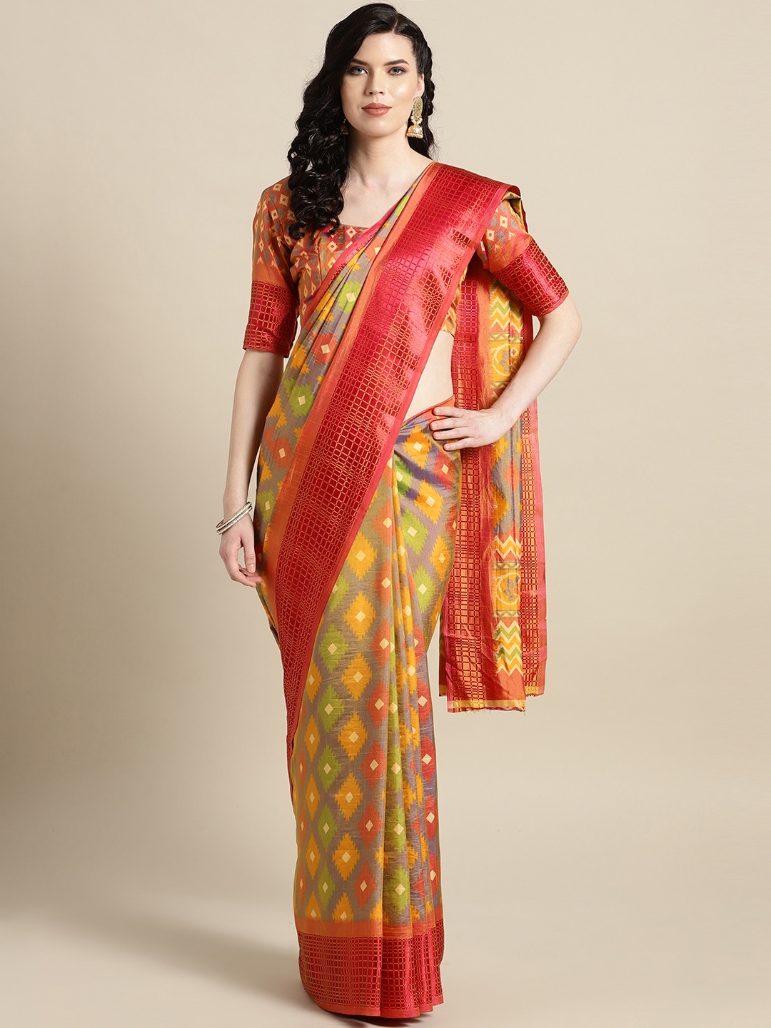 

Saree mall Mustard Yellow & Rust Red Printed Saree