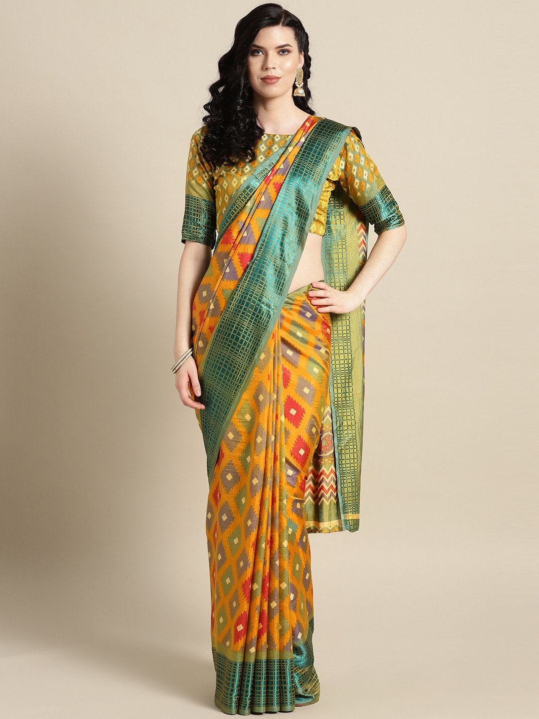 

Saree mall Mustard Yellow & Green Printed Saree