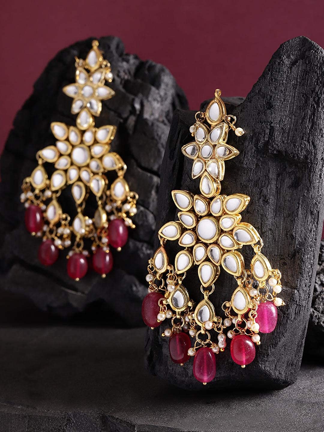 

KARATCART Magenta Gold-Plated Kundan-Studded Handcrafted Floral Drop Earrings