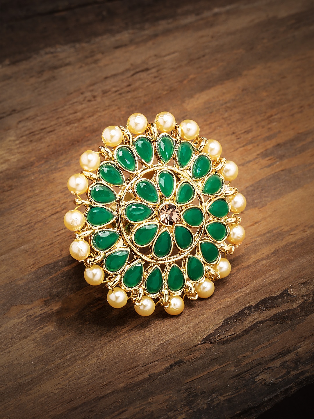 

Zaveri Pearls Green Green Gold-Plated Stone Studded Adjustable Finger Ring