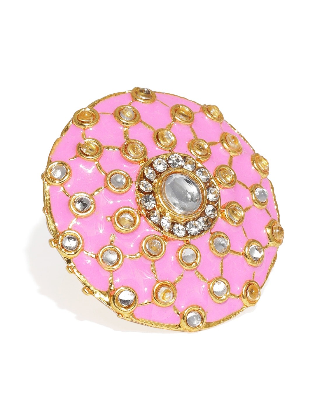 

Zaveri Pearls Gold-Plated & Pink Meenakari Adjustable Finger Ring