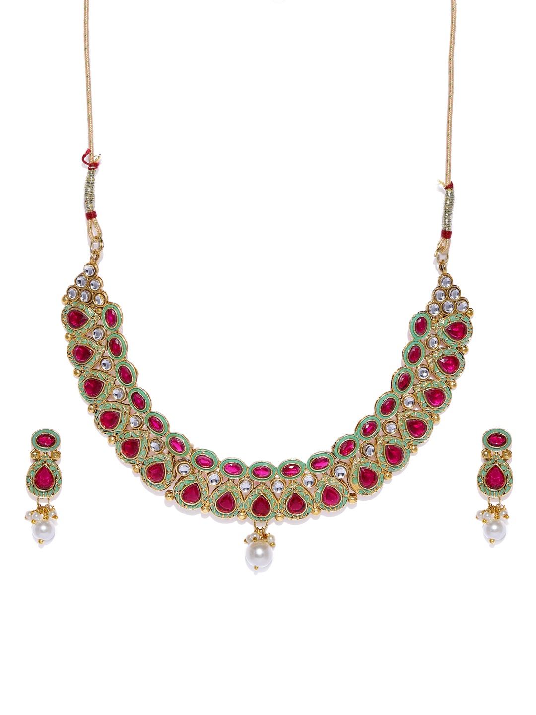 

Zaveri Pearls Pink & Green Gold-Plated Studded Enamelled Jewellery Set