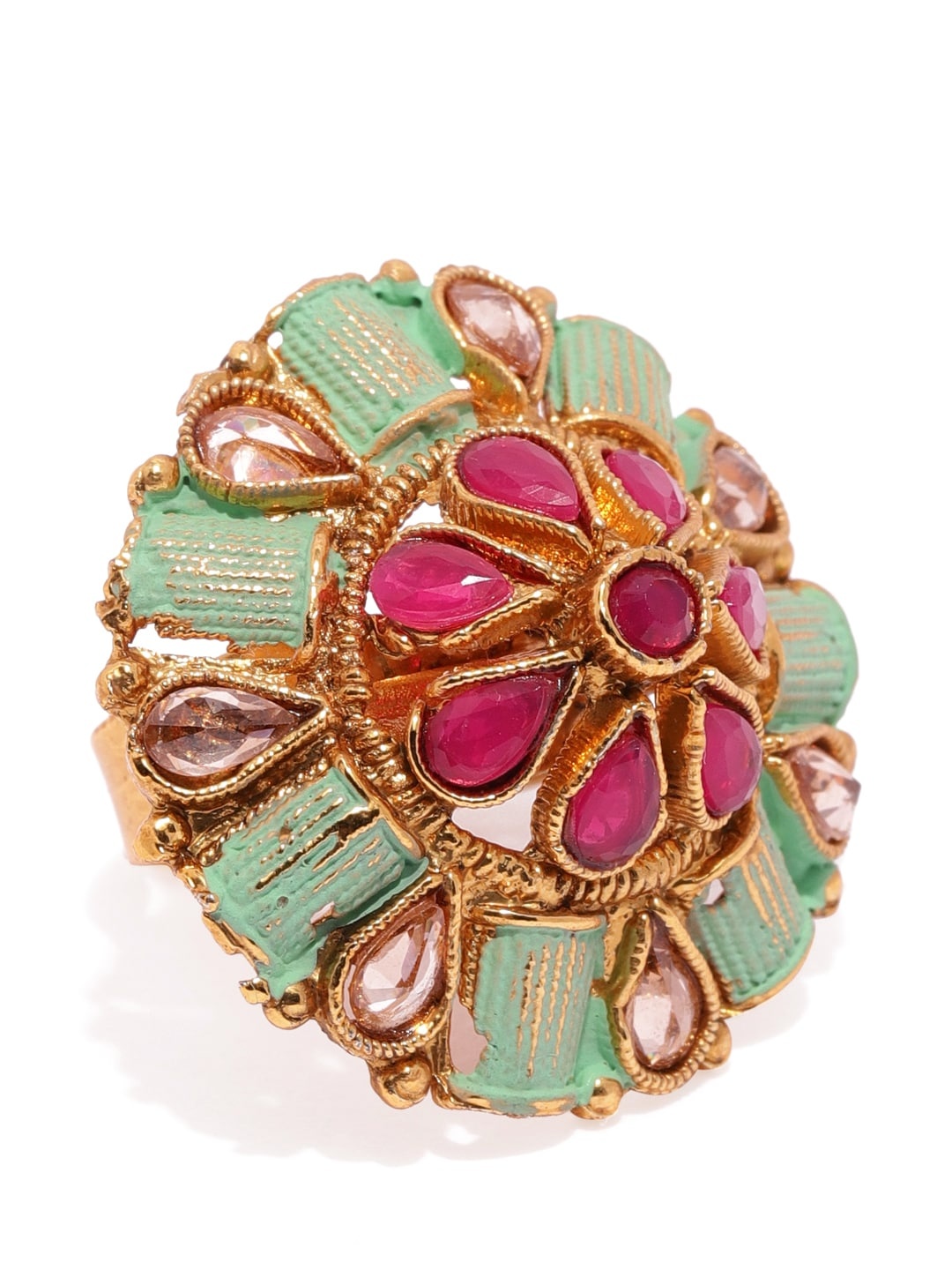 

Zaveri Pearls Green & Pink Gold-Plated Meenakari Adjustable Finger Ring