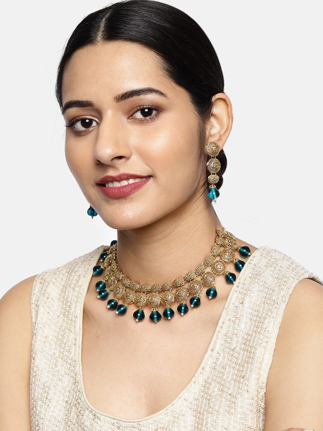 

Zaveri Pearls Antique Gold Toned Dangling Beads Necklace Set