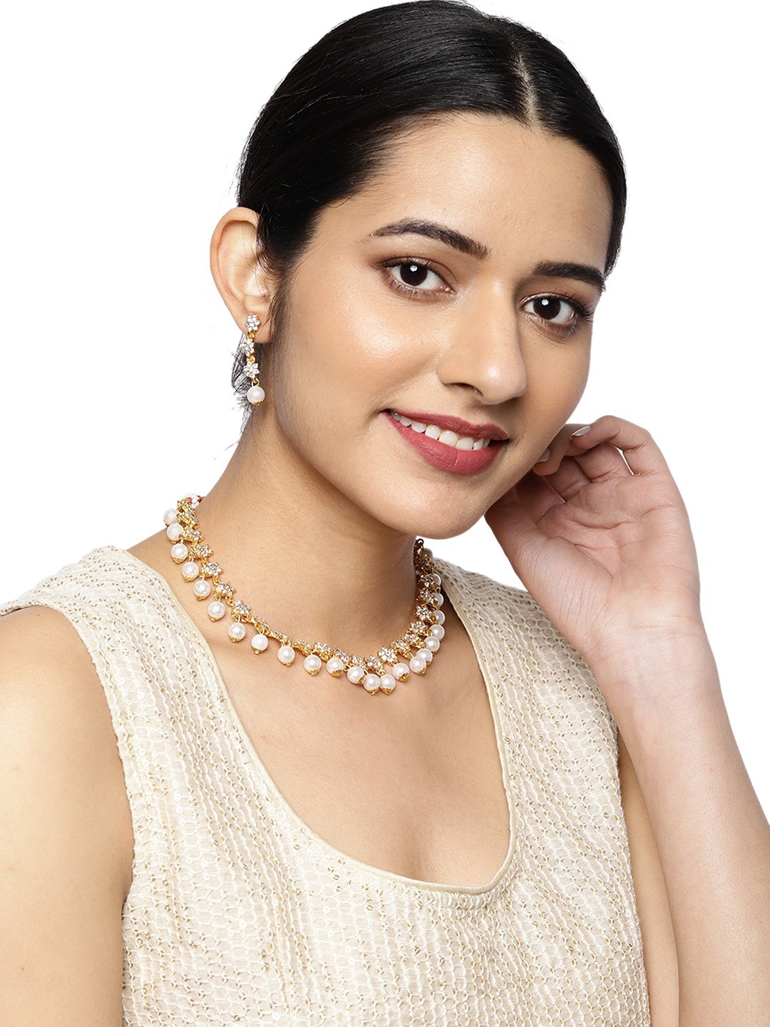 

Zaveri Pearls Shimmering Austrian Diamonds & Pearls Studded Choker Necklace Set, Gold