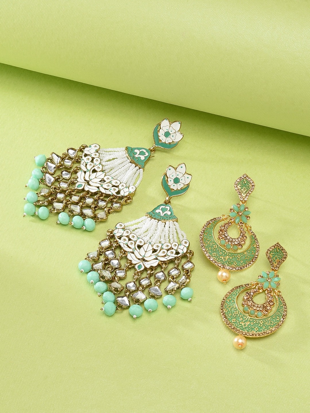 

Zaveri Pearls Set of 2 Gold-Toned & Green Meenakari Kundan Crescent Shaped Drop Earrings