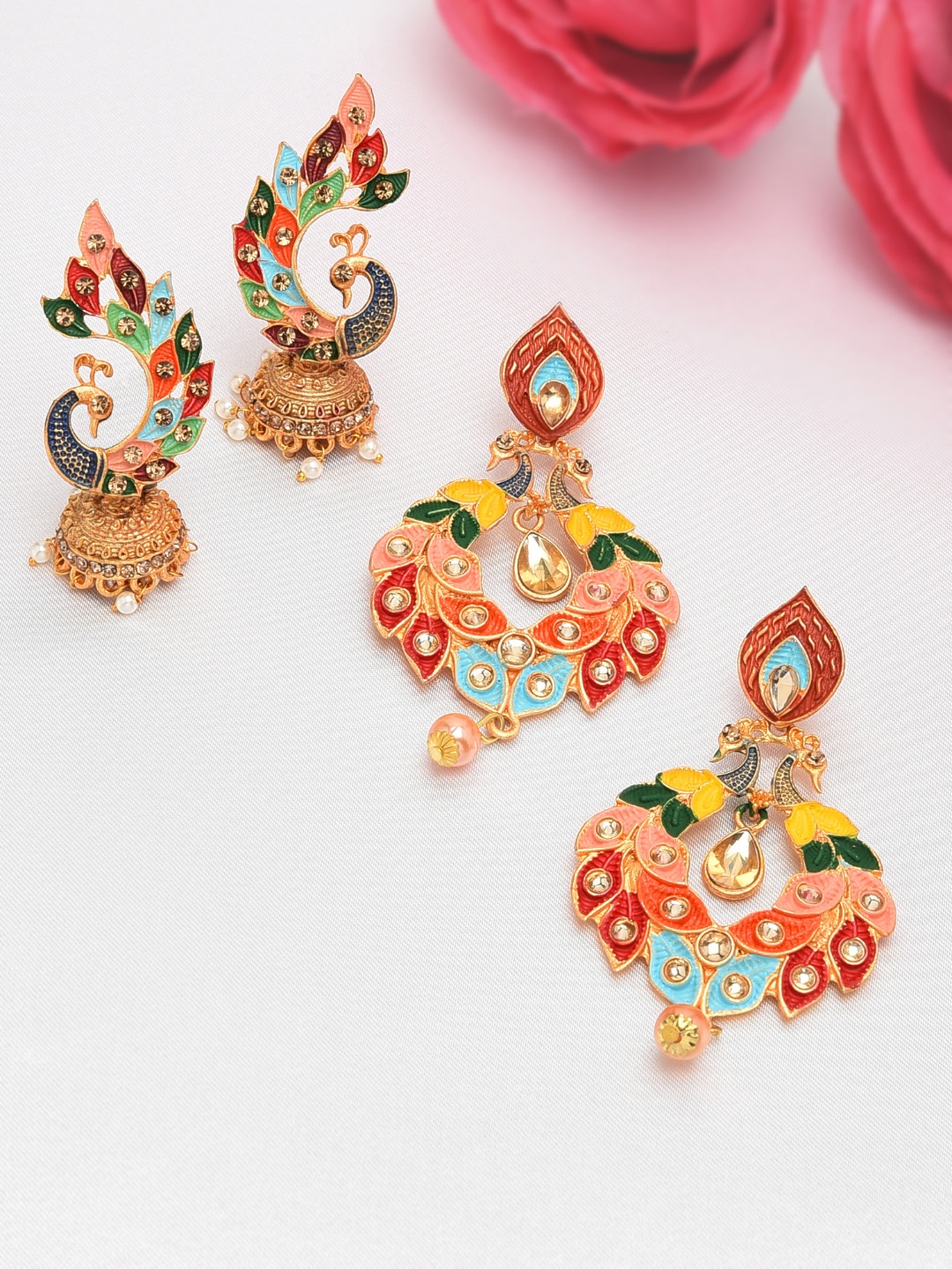 

Zaveri Pearls Set of 2 Multicoloured Peacock Shaped Jhumkas, Multi