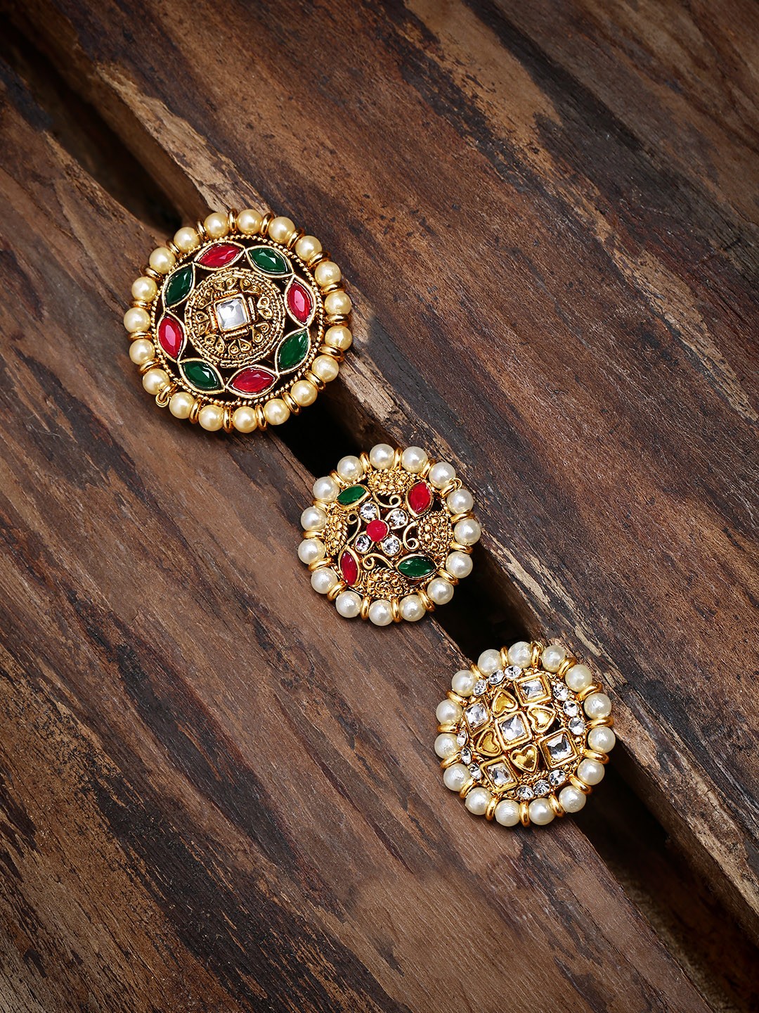 

Zaveri Pearls Set Of 3 White & Gold-Plated Adjustable Finger Rings