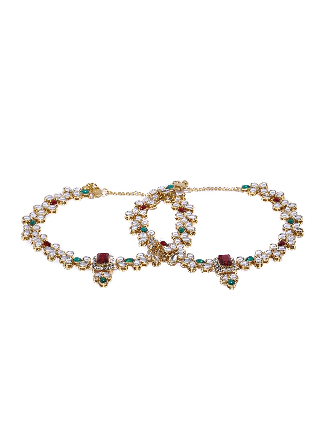 

Zaveri Pearls Set of 2 Red & Green Gold-Plated Kundan Studded Anklets