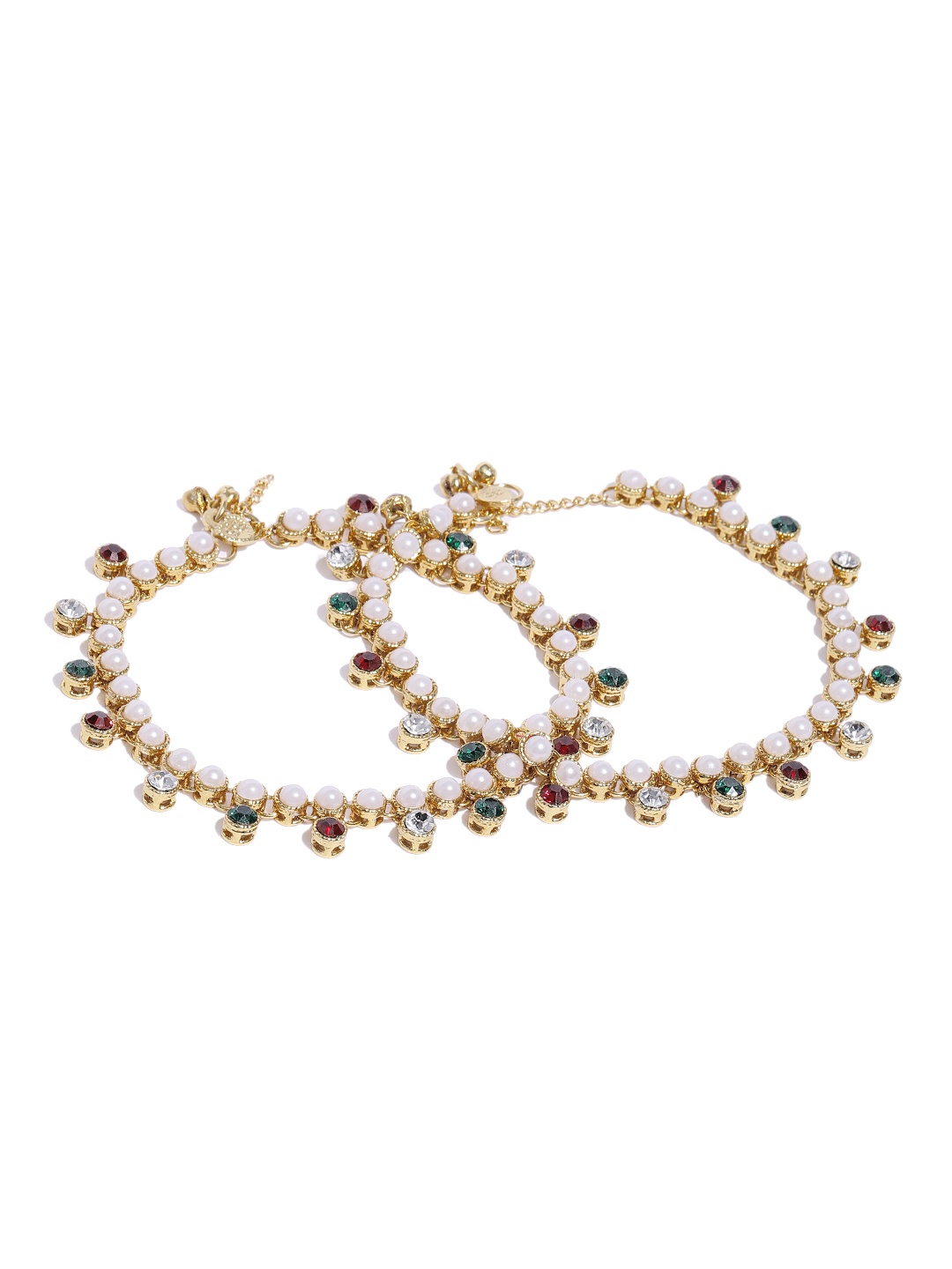 

Zaveri Pearls Set of 2 Gold-Plated Stones & Pearls Studded Anklets