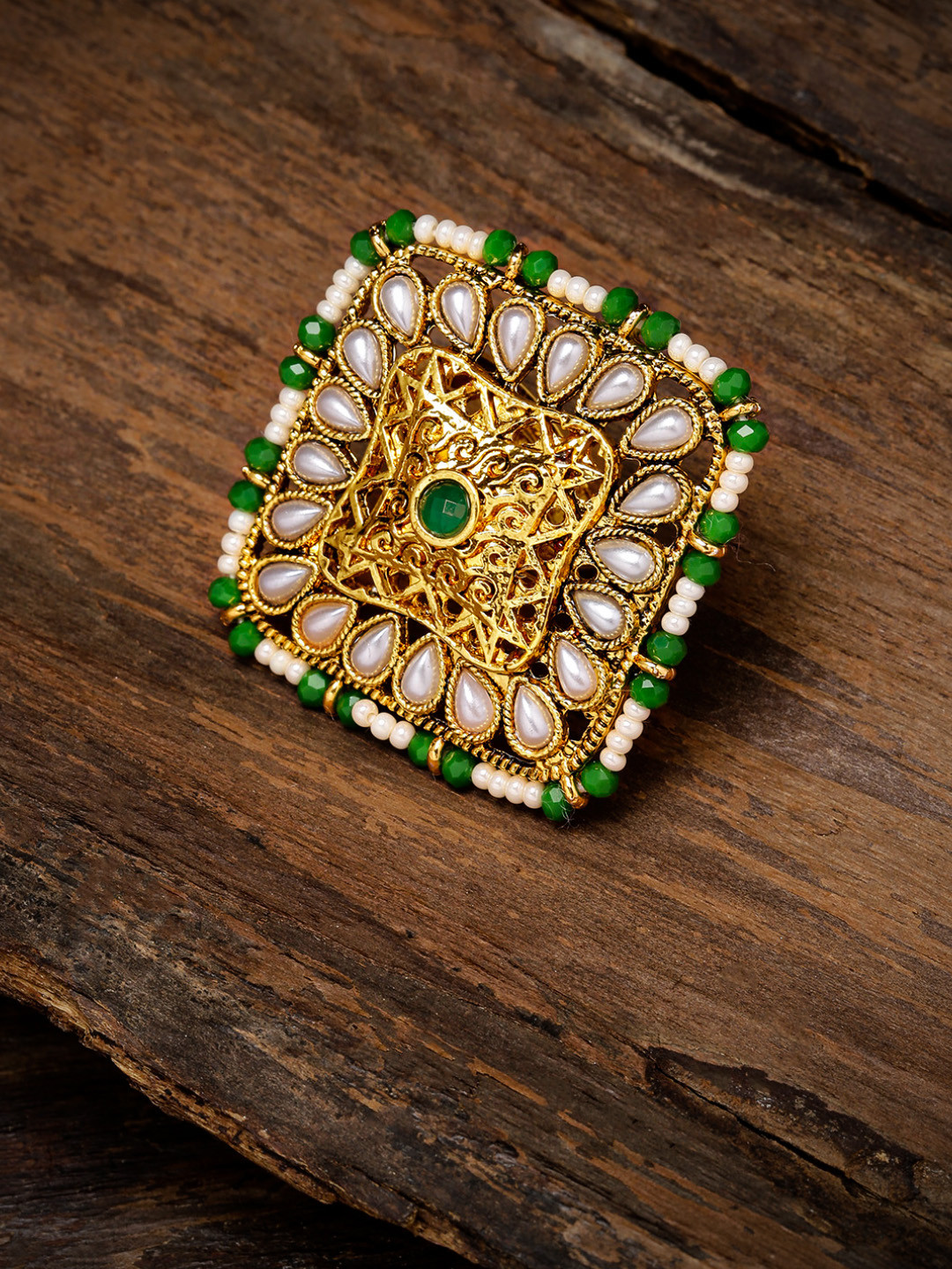 

Zaveri Pearls Women Gold-Toned & Green Square Shaped Filigree Finger Ring