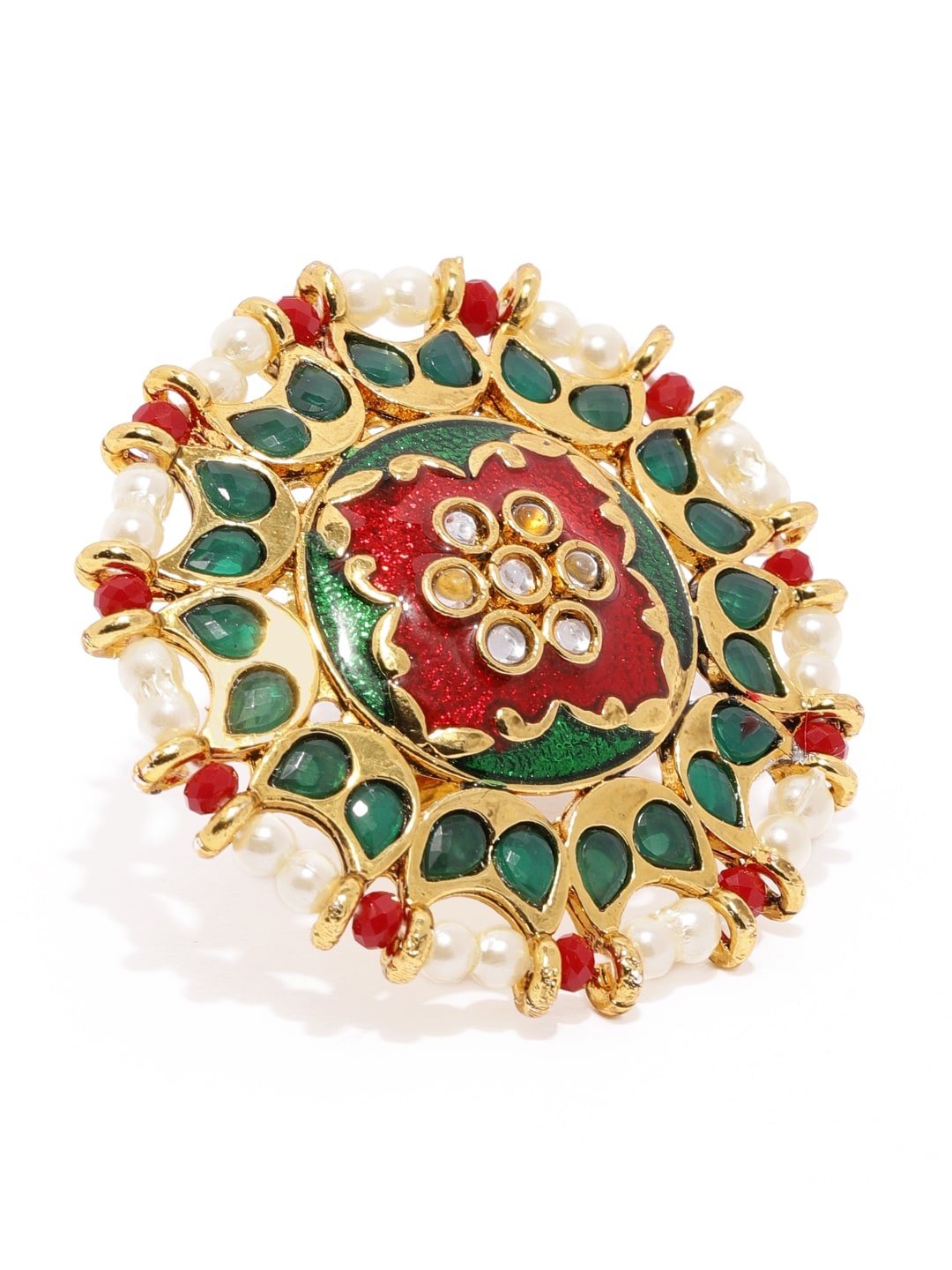 

Zaveri Pearls Green & Red Gold-Plated Enamelled Adjustable Finger Ring