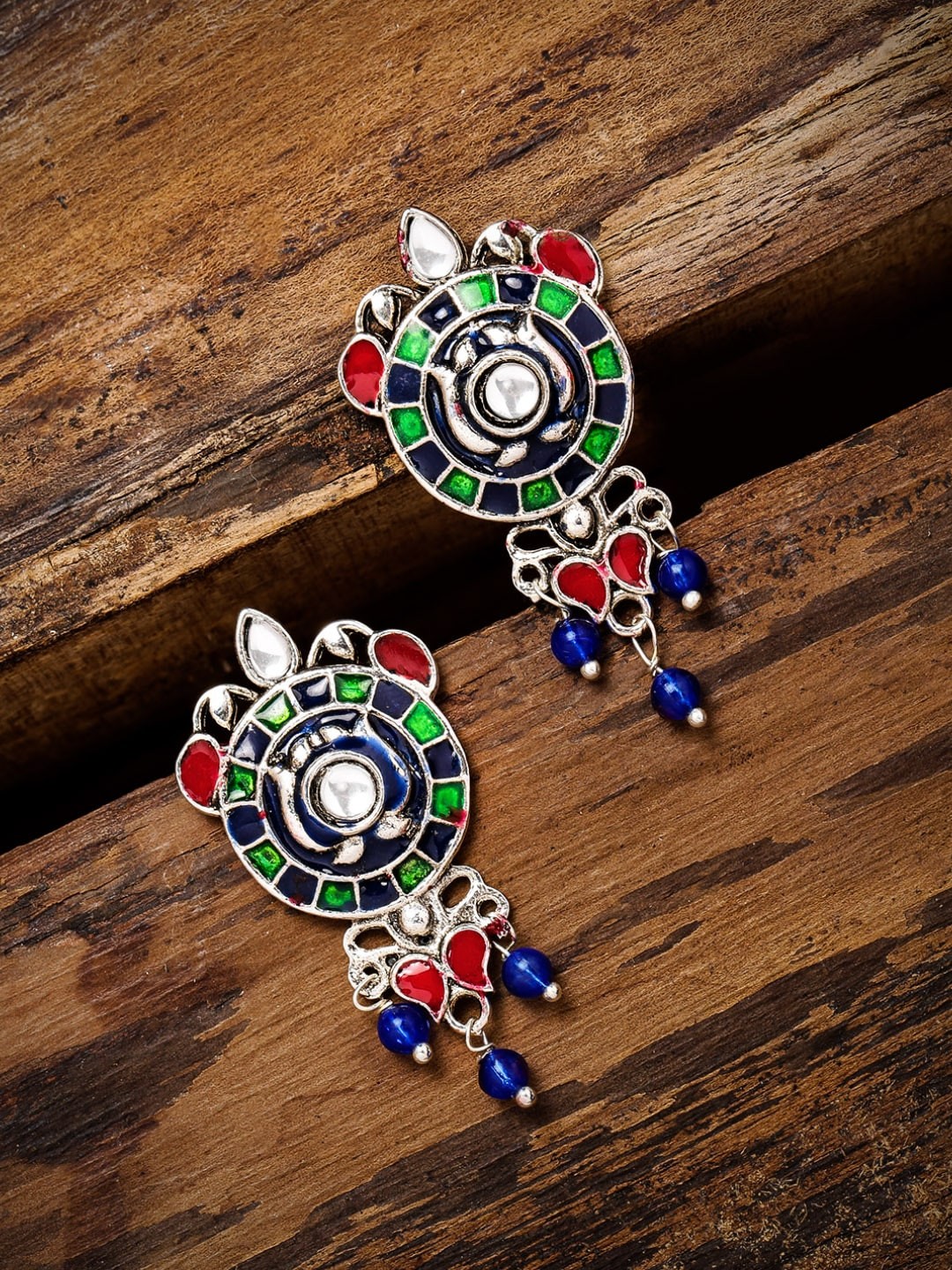 

Zaveri Pearls Silver-Toned & Multicoloured Circular Drop Earrings