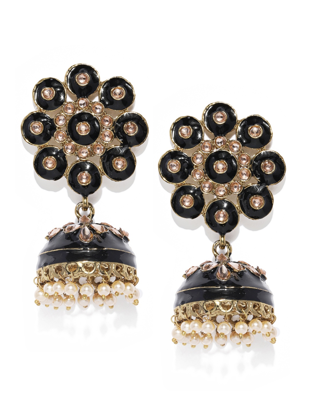 

Zaveri Pearls Gold-Toned & Black Dome Shaped Enamelled Jhumkas