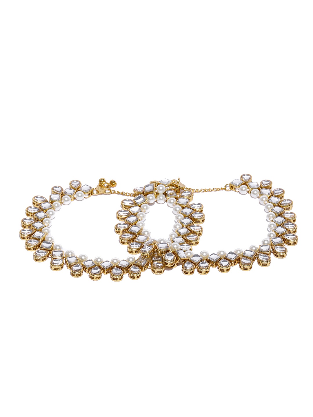 

Zaveri Pearls Set of 2 Gold-Plated Kundan & Pearls Studded Anklets