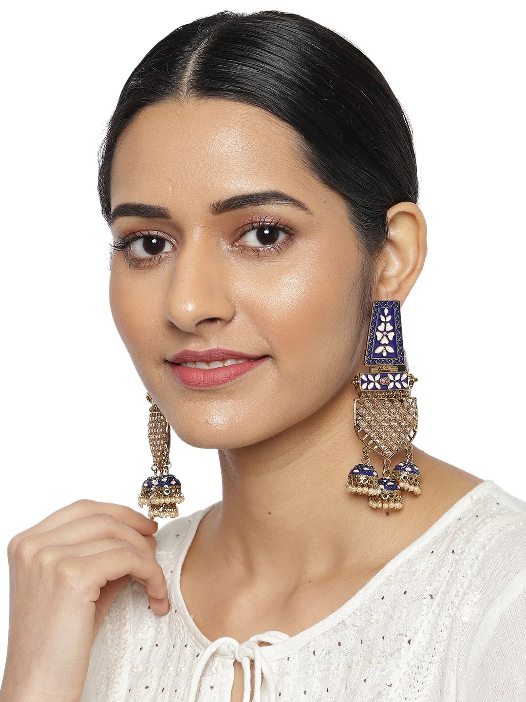 

Zaveri Pearls Gold-Toned & Navy Blue Meenakari Enamelled Jhumkas